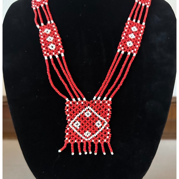Native American 4 Strand Red Seed Art Beadwork Necklace Fringe Seed Beads 14'' - Picture 6 of 8